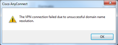 Erro Cisco AnyConnect - The VPN connection failed due to unseuccessful domain name resolution
